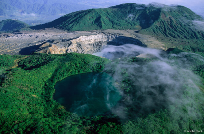 Costa Rica, Volcan Poas National Park, aerial of Poas volcano crater.